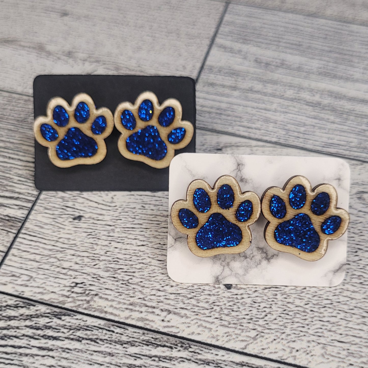 Blue Giltter Paw Print Earrings - 0.6in